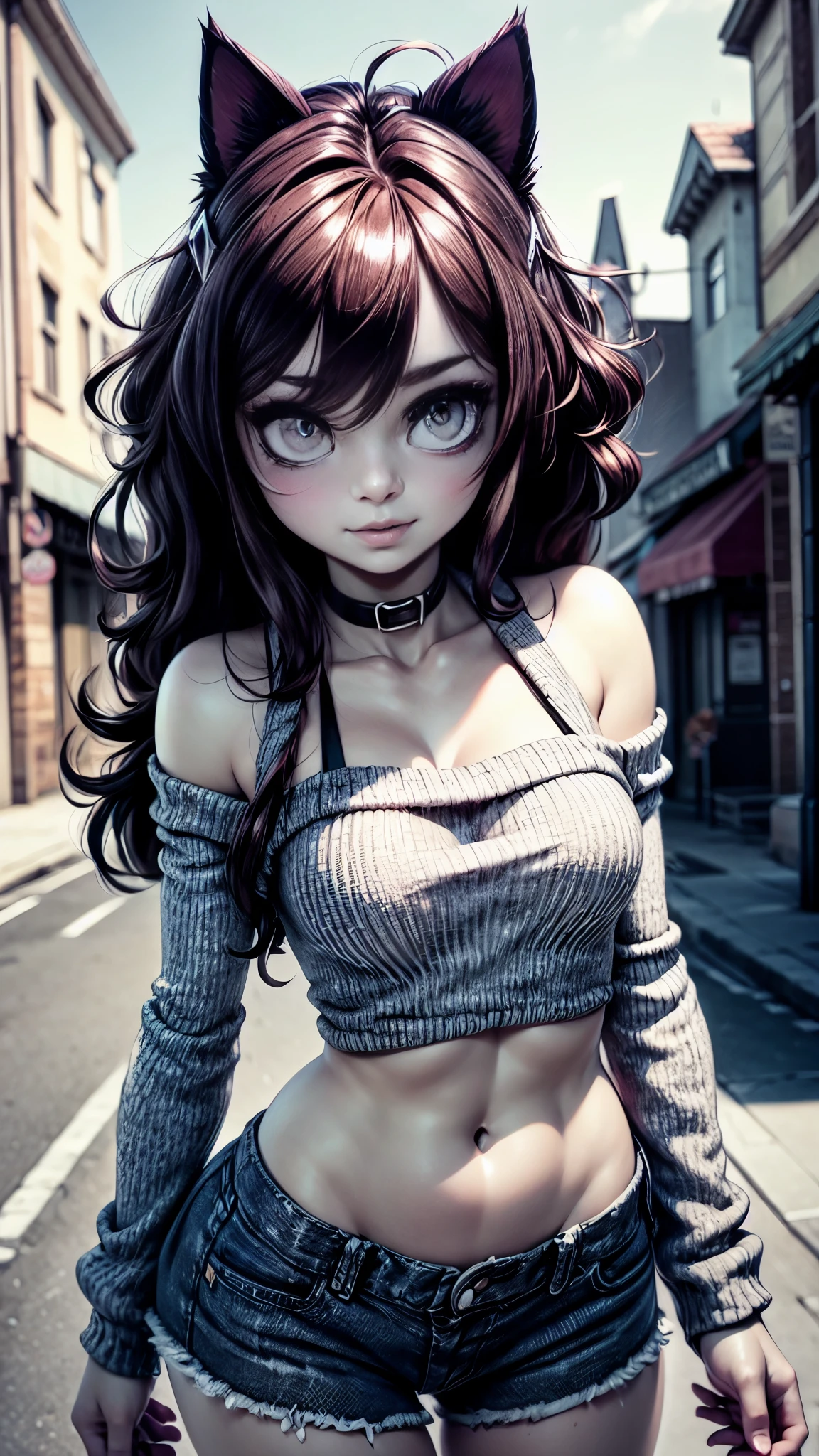 solo, sly smile, very long disheveled brown hair with a dark purple tint, Young girl, perfect brown eyes, expressive eyes, looking at viewer, 8k wallpaper, perfect lighting, masterpiece, (Beautiful small Breasts:1.2), (slender girl), (on the street in small town:1.3), summer day, band on the head in the form of cat ears, denim low-waist microshort, loose cropped sweater with open shoulders, parororo, ariawm, mfbp, long strand of hair hangs curls down between eyes