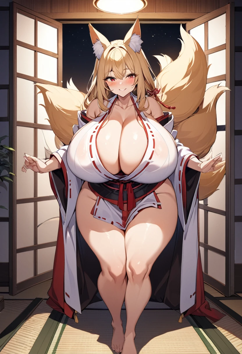 One girl, Mature Woman, Mature Woman, Japanese-style room、Tatami room、Sliding doors、Dark room、 plump, Voluptuous body, Huge breasts, Saggy breasts, Wide Hips, Miko costume, barefoot, Cleavage, Are standing, Blonde Nine Tails, smile, Short blonde, Red eyes, at night, 8K, masterpiece、milf、Fox Ears、Lantern、Sliding doorsを開けて迎え入れる、Sexy look