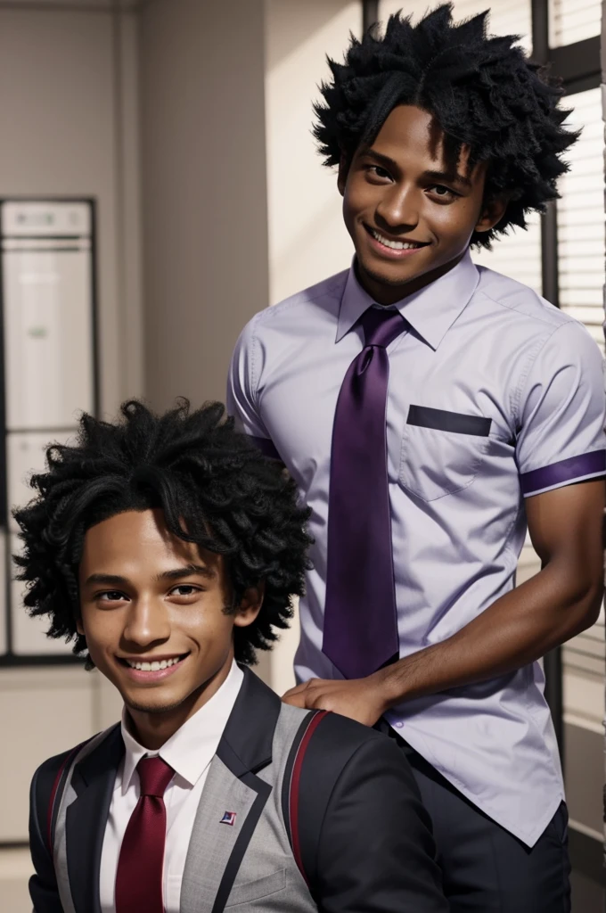 Screenshot of boku no hero academia ,beautiful woman dark skin tone ,elbow-length curly black hair with white details, purple eyes ,with a tender expression and a smile, He wears the UA uniform soco gray red tie in the background is Denki and Kirishima