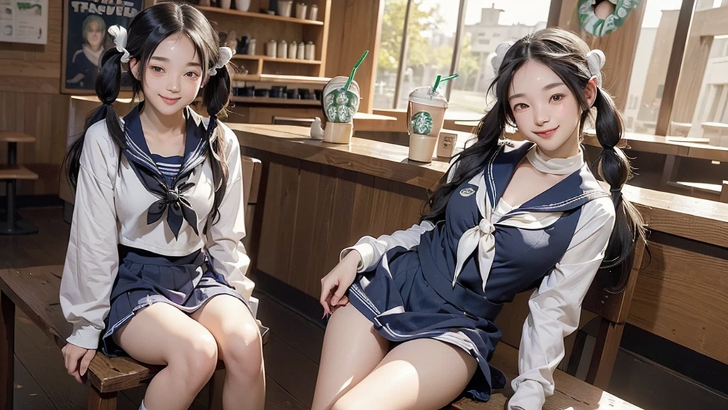(masterpiece:1.2, Highest quality), (Realistic, photoRealistic:1.4), Beautiful illustrations,
View your viewers, avert your eyes, whole body,
1 Girl, Japanese, high school girl, (Long Hair:1.4), bLong Hair, (Twin tails:1.7), Large Breasts:0.8, White skin、Beautiful Hair, Beautiful Face, Beautiful attention to detail, Beautiful clavicle, Beautiful body, Beautiful breasts, Beautiful thighs, Beautiful feet,
(Beautiful views), , classroom, machine, Chair,
((cute , Long sleeve, Pleated skirt, Sailor collar, scarf)), White panties, shoes,
Sitting, Chairに座る,
(魅惑的なsmile, Embarrassing, Trembling),
(((((Inside the Starbucks store、16 year old girl in sailor suit)))))、((((Eat cake、Drink coffee、smile))))、Heart Necklace(((Emphasize cleavage)))
(whole body写真)