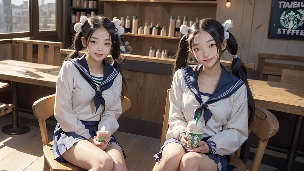 (masterpiece:1.2, Highest quality), (Realistic, photoRealistic:1.4), Beautiful illustrations,
View your viewers, avert your eyes, whole body,
1 Girl, Japanese, high school girl, (Long Hair:1.4), bLong Hair, (Twin tails:1.7), Large Breasts:0.8, White skin、Beautiful Hair, Beautiful Face, Beautiful attention to detail, Beautiful clavicle, Beautiful body, Beautiful breasts, Beautiful thighs, Beautiful feet,
(Beautiful views), , classroom, machine, Chair,
((cute , Long sleeve, Pleated skirt, Sailor collar, scarf)), White panties, shoes,
Sitting, Chairに座る,
(魅惑的なsmile, Embarrassing, Trembling),
(((((Inside the Starbucks store、16 year old girl in sailor suit)))))、((((Eat cake、Drink coffee、smile))))、Heart Necklace(((Emphasize cleavage)))
(whole body写真)