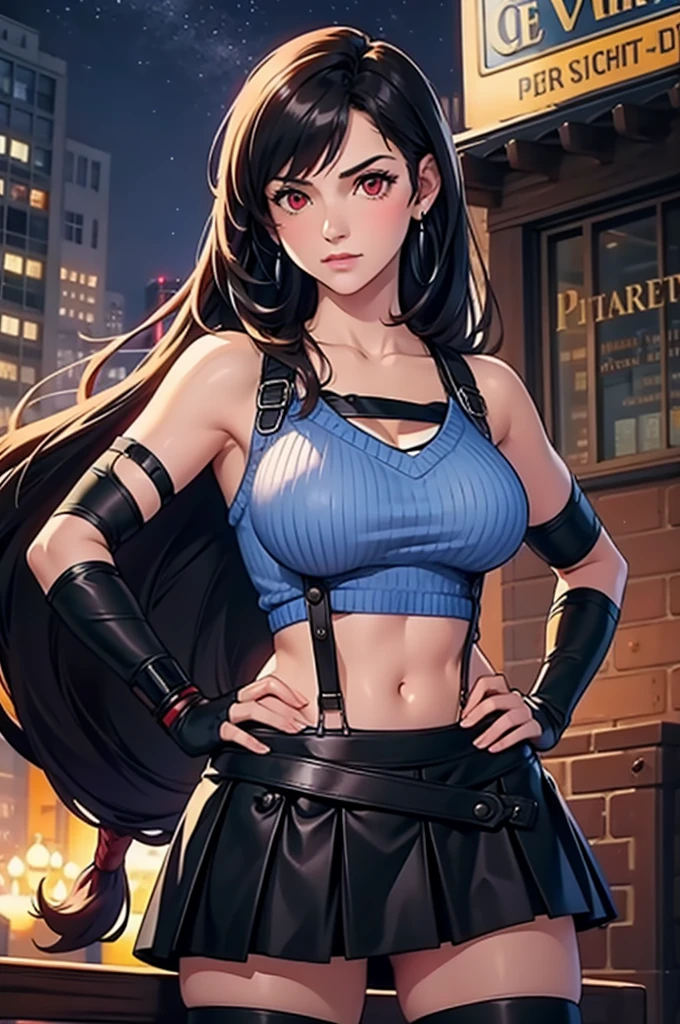perfect eyes:1.2, detailed eyes:1.4, serious, hand on hip, night, city, metTifa, red eyes, large breasts, low-tied long hair, earrings, cropped sweater, blue sweater, off-shoulder, short sleeves, suspender skirt, elbow gloves, armored legwear, medium full shot, thigh-level shot, 1girl,(masterpiece:1.6, best quality),

