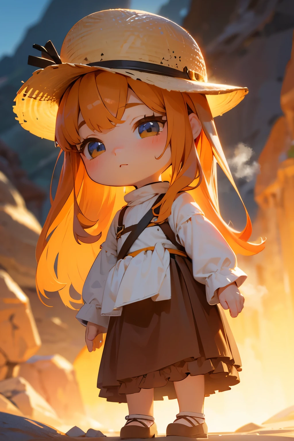 Chibi Girl、Walking along a straight road in Valley of Fire State Park、hat、Sweat、heat haze、No green、I can see a big rock mountain、Very detailed、Ultra-realistic、Photorealistic、8K、Hyperrealistic、masterpiece、Beautiful detailed eyes、Beautiful detailed lips、Very detailedな顔、Long eyelashes、Beautiful young girl、Calm expression、Warm colors、Beautiful lighting、Cinematic、Intricate details、Bright colors、Soft Focus、Depth of written boundary