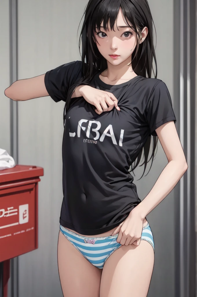 ((masterpiece, best quality)), 1 Girl, solo, Blurred Background, (((Small breasts))), Thighs, (Stripe underwear), T-Shirts,