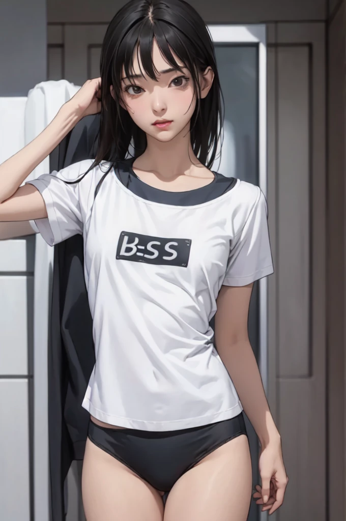 ((masterpiece, best quality)), 1 Girl, solo, Blurred Background, (((Small breasts))), Thighs, (Stripe underwear), T-Shirts,