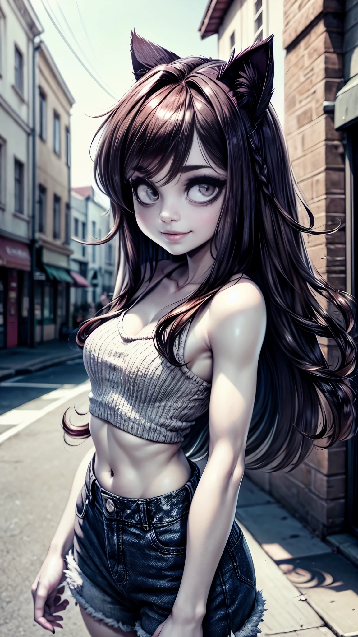 solo, sly smile, very long disheveled brown hair with a dark purple tint, Young girl, perfect brown eyes, expressive eyes, looking at viewer, 8k wallpaper, perfect lighting, masterpiece, (Beautiful small Breasts:1.2), (slender girl), (on the street in small town:1.3), summer day, band on the head in the form of cat ears, denim low-waist microshort, loose cropped sweater with open shoulders, parororo, ariawm, mfbp, long strand of hair hangs curls down between eyes