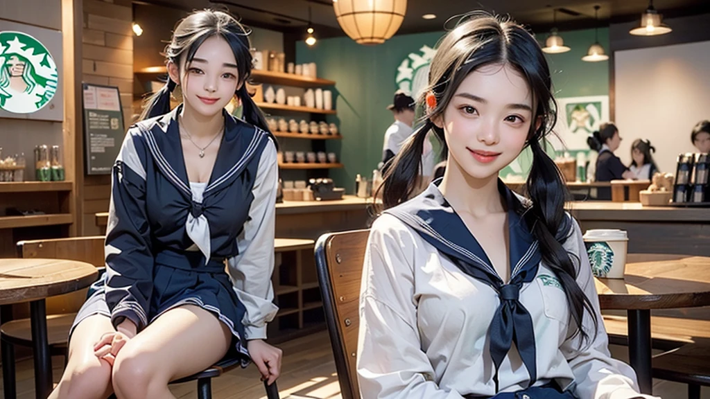 (masterpiece:1.2, Highest quality), (Realistic, photoRealistic:1.4), Beautiful illustrations,
View your viewers, avert your eyes, whole body,
1 Girl, Japanese, high school girl, (Long Hair:1.4), bLong Hair, (Twin tails:1.7), Large :0.8, White skin、Beautiful Hair, Beautiful Face, Beautiful attention to detail, Beautiful clavicle, Beautiful body, Beautiful breastsiful thighs, Beautiful feet,
(Beautiful views), , classroom, machine, Chair,
((cute , Long sleeve, Pleated skirt, Sailor collar, scarf)), White panties, shoesing, Chairに座る,
(魅惑的なsmile, Embarrassing, Trembling),
(((((Inside the Starbucks store、16 year old girl in s))))、((((Eat cake、Drink coffee、smile))))、Heart Necklace(((Emphasize cleavage)))
(whole body写真)