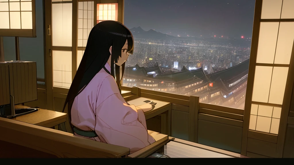 A beautiful Japanese woman in her twenties sitting by the window at her computer. Outside the window is the city at night. Horizontal screen size.