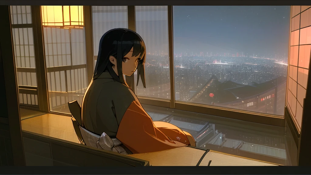 A beautiful Japanese woman in her twenties sitting by the window at her computer. Outside the window is the city at night. Horizontal screen size.