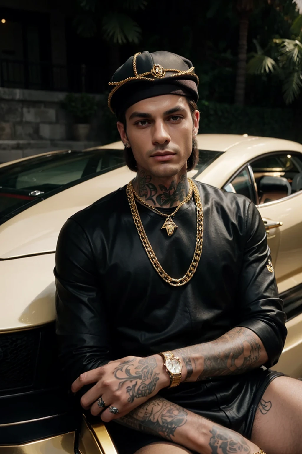 man with face without beard or mustache .Black baseball cap,heavily tattooed dressed in gucci clothes with gold and diamond chains and luxury watches , sitting on top of a lamborgini smoking at night