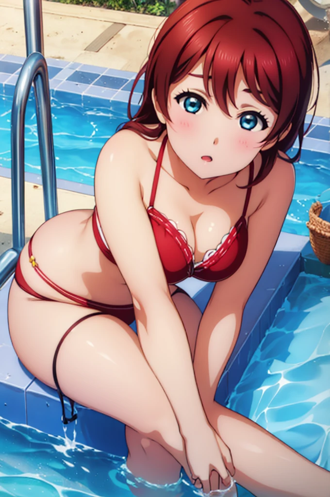 (((pixel-perfect, detail-perfect))), solo, 1girl, Emma verde, normal face, eyes azzur, hair red, pool, bikini, large extreme filesize, ultra High Qality