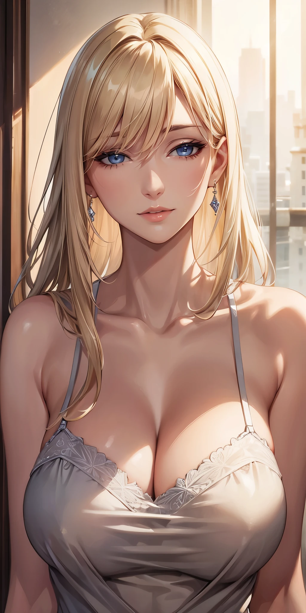 Realistic, Elegant mature woman, blue eyes, blonde hair, soft light, high detailed, 4k resolution, high quality, beautiful cg