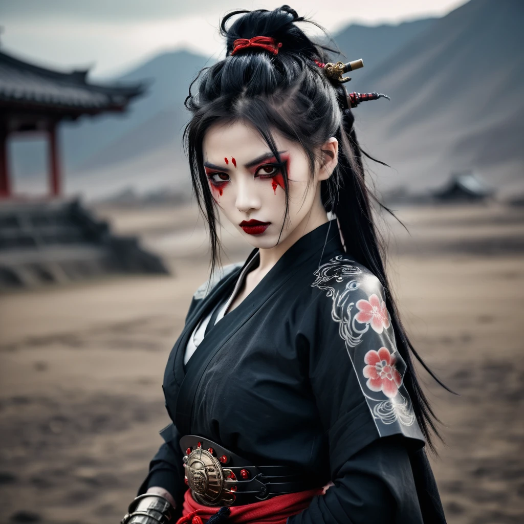 a half cyborg samurai girl, gothic costume, with tattoo, red lip, whole body, dynamic pose, gloomy battlefield background, dark fantasy, horror atmosphere. beautiful hairstyle, dreamy gothic girl