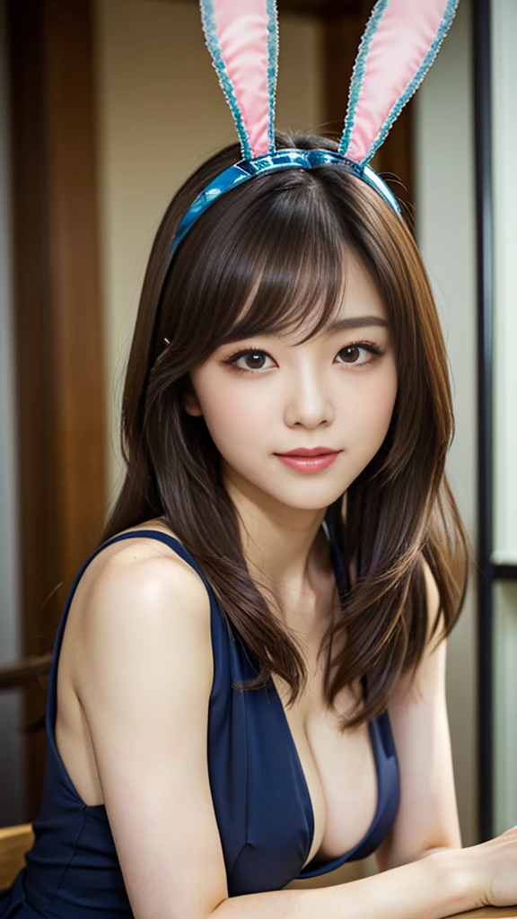 masterpiece, Highest quality, Realistic, Highly detailed CG integrates 8K, 8K,(Very beautiful face, Beautiful Lips, Beautiful Eyes), Exquisitely detailed face,1 Girl, Very beautiful girl,Exquisite eye makeup,Subtle eye detail,The best example of four fingers and one thumb,Toned figure,Nice and beautiful smile,明るいLong Hair,transparent, Quality hair,(masterpiece, Highest quality:1.2),alone,The eyes are exquisite and delicate,Brown Hair、Long Hair、Pink Lips,blue eyes,Big Breasts、Wavy Hair、(((Bunny girl、pub)))、Japanese、25-year-old female