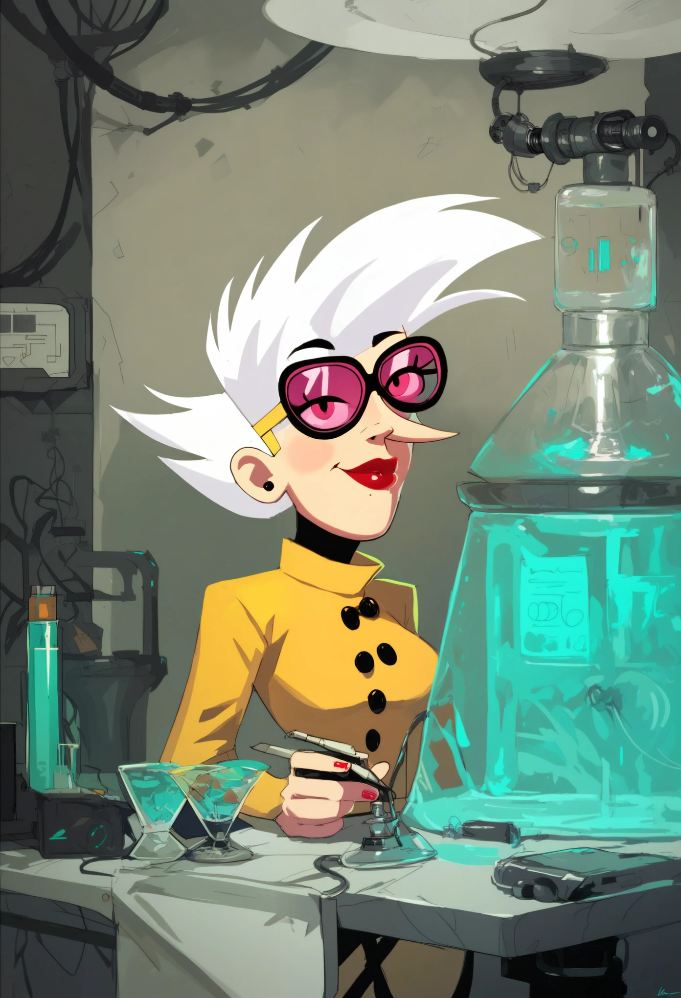 score_8, score_9, solo, 1girl, nora, white hair, sunglasses, laboratory
