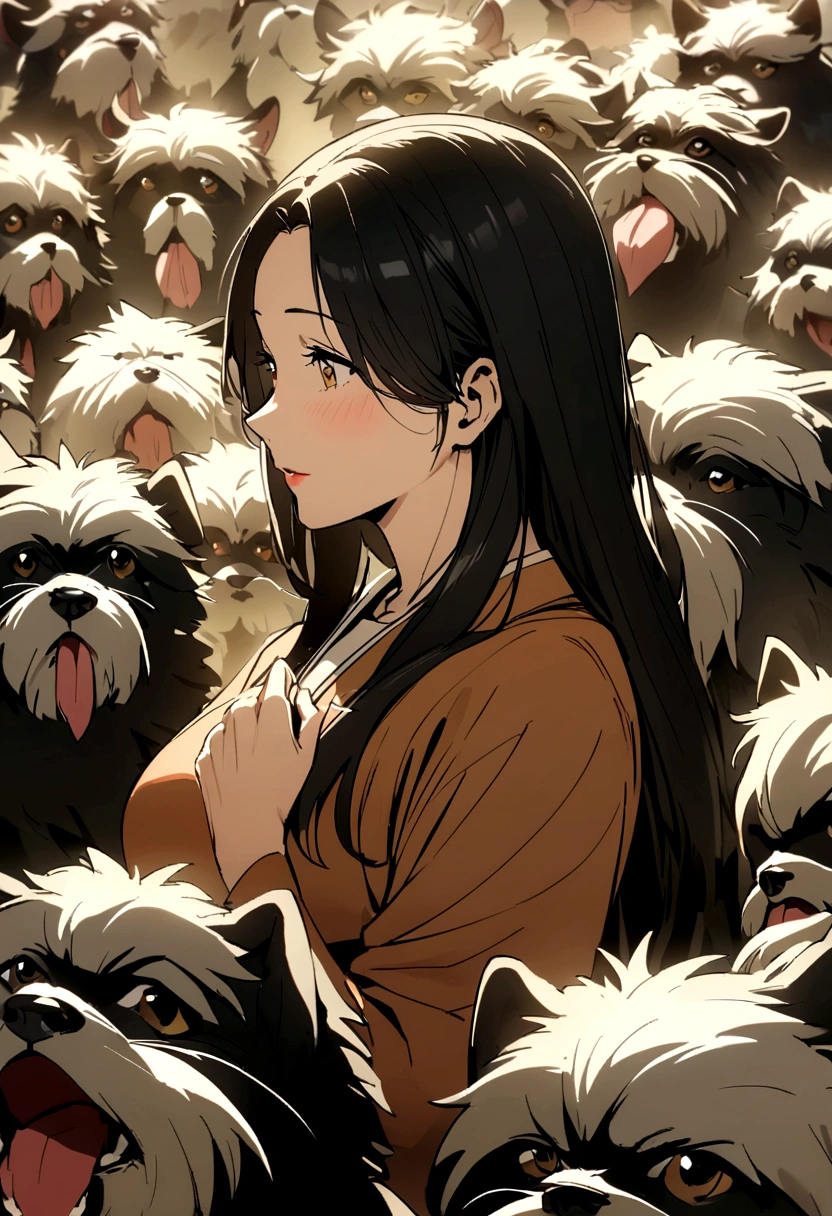 Asian woman , 40 year old , shoulder length black hair, on his farm with his 6 shith tzu dogs, one of which is in caramel color