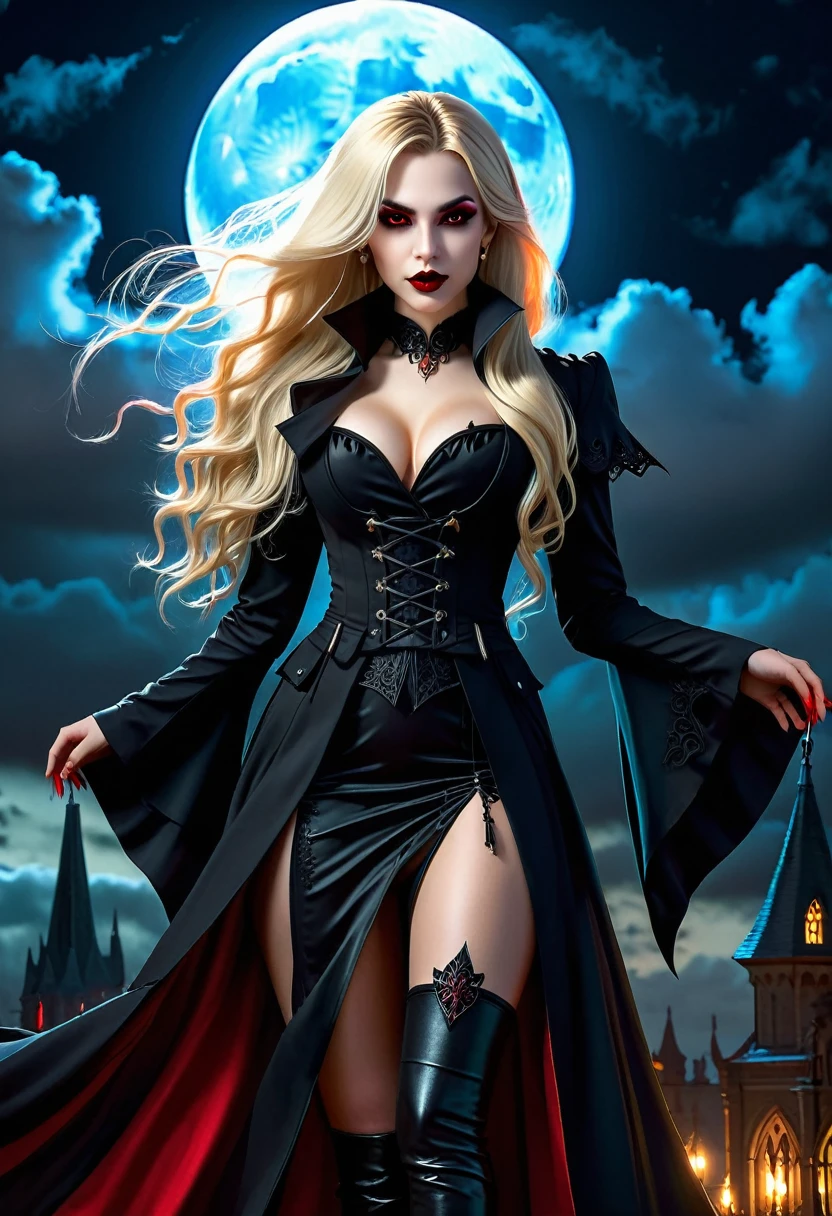 fantasy art, gothic art, (masterpiece:1.5), full body best details, highly detailed, best quality, WitchcraftPunkAI,  highres, full body portrait of a vampire, elf (Masterpiece, best quality: 1.6), ultra feminine, wizard, (intricate details, Masterpiece, best quality: 1.5) with a long curvy hair, blond hair, (red:1.3) eyes, (fantasy art, Masterpiece, best quality), ((beautiful delicate face)), Ultra Detailed Face (intricate details, fantasy art, Masterpiece, best quality: 1.5), ((vampiric fangs 1.5)) (wearing elegant glamour open black trench coat: 1.3) , flowing black trench coat (intricate details, fantasy art, Masterpiece, best quality: 1.3), wearing an intricate (black: 1.2) dress (intricate details, fantasy art, Masterpiece, best quality: 1.5), high heeled boots, urban background (intense details, beat details), fantasy, at night light, natural ,moon light, clouds, gothic atmosphere, soft light, dynamic light, [[anatomically correct]], high details, best quality, 8k, [ultra detailed], masterpiece, best quality, (extremely detailed), dynamic angle