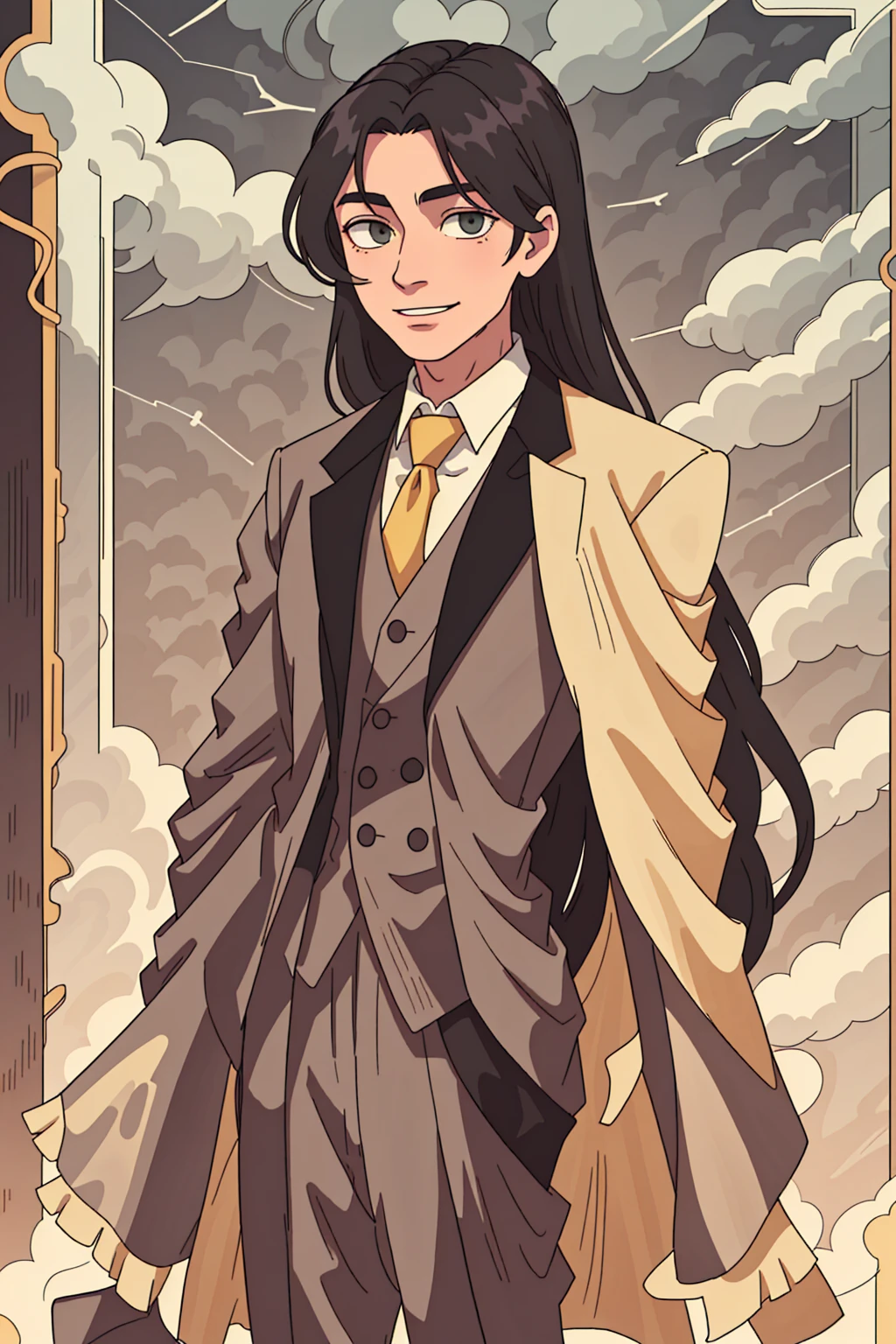 A tall well-built man, older man, with really long straight black hair falling past his shoulders, verdant green steely eyes, older complexion, smiling softly. wearing a grey three-piece suit and tuxedo, embroidered with golden thread and metals, standing in front of a bright yellow sky, standing by himself, smiling onwards