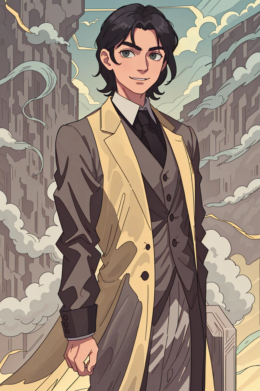 A tall well-built man, older man, with really long straight black hair falling past his shoulders, verdant green steely eyes, older complexion, smiling softly. wearing a grey three-piece suit and tuxedo, embroidered with golden thread and metals, standing in front of a bright yellow sky, standing by himself, smiling onwards