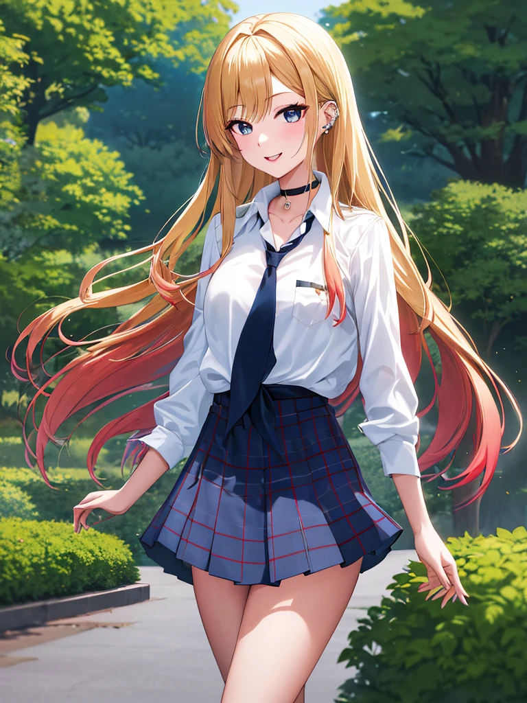 work of art, best qualityer, high resolution, Kitagawa Navy, 1 girl, hair blonde, long hair, multicolored hair, Eyes red, jewerly, aretes, piercing, , white  shirt, tied shirt, black choker, blue necktie, plaid hip skirt, ssmile, ssmile, standing, cowboy shot, plein-air,