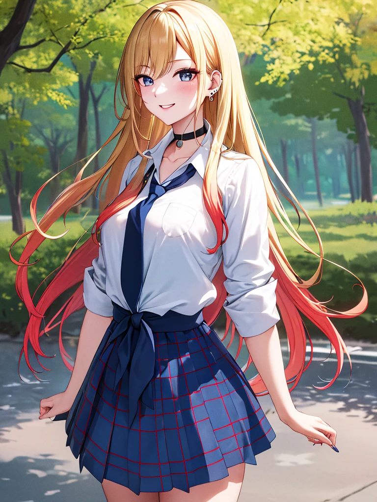 work of art, best qualityer, high resolution, Kitagawa Navy, 1 girl, hair blonde, long hair, multicolored hair, Eyes red, jewerly, aretes, piercing, , white  shirt, tied shirt, black choker, blue necktie, plaid hip skirt, ssmile, ssmile, standing, cowboy shot, plein-air,