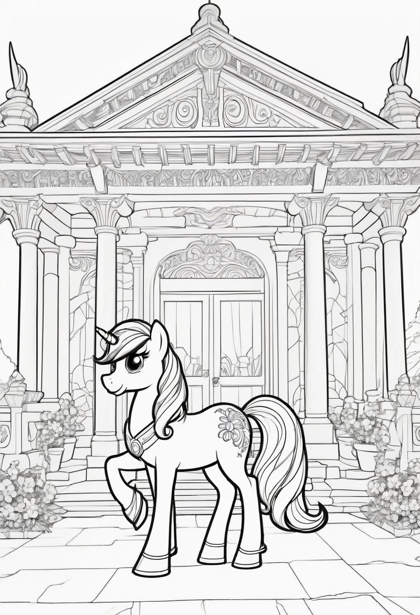 drawing lines, Pixar style, coloring, pony from My Little Pony in a beautiful temple, Coloring pageAF,Empty white background,Coloring bookRedmond-Coloring book