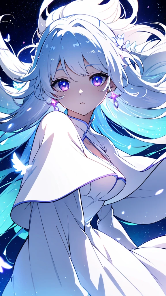 Goddess Soft face cosmic white shining eyes long cosmic bright white hair floating like waves in the air long cosmic bright white dress with cosmic white crystal butterflies 