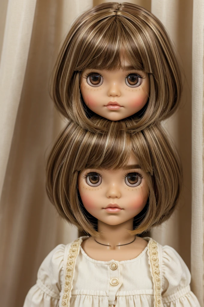 blythe dolls cabello café, short with blonde highlights cut in layers, seeds, Brown eyes, big cheeks and curtain bangs