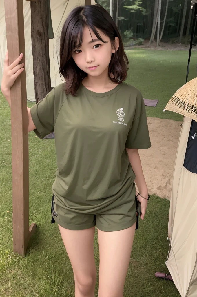 すっぴん、Camping tent, junior high school third grade, ((full body)), ((photo)), ((best qualtiy, 8K, tmasterpiece:1.3)), Focus:1.2, perfect figure beautiful child:1.4, 1, cowboy shot, look at viewer, eyes facing the camera, incredibly absurd, beautiful and cute  with a photorealistic face, showcasing top-quality craftsmanship, A Japanese girl gazing at the campfire at a campsite, 15 years old, short hair, wavy and shiny, crimson hair, big eyes, long eyelashes, smiling face, white teeth, round face, small nose, smooth skin, fair skin, red lips, pink cheeks, lively expression, , delicate, well-balanced proportions, slim, 155cm tall, thin limbs, small A-cup breasts, khaki T-shirt, camouflage shorts, sneakers, beautiful girl, younger sister attributes, active, sociable, cheerful, optimistic, brave, curious, August