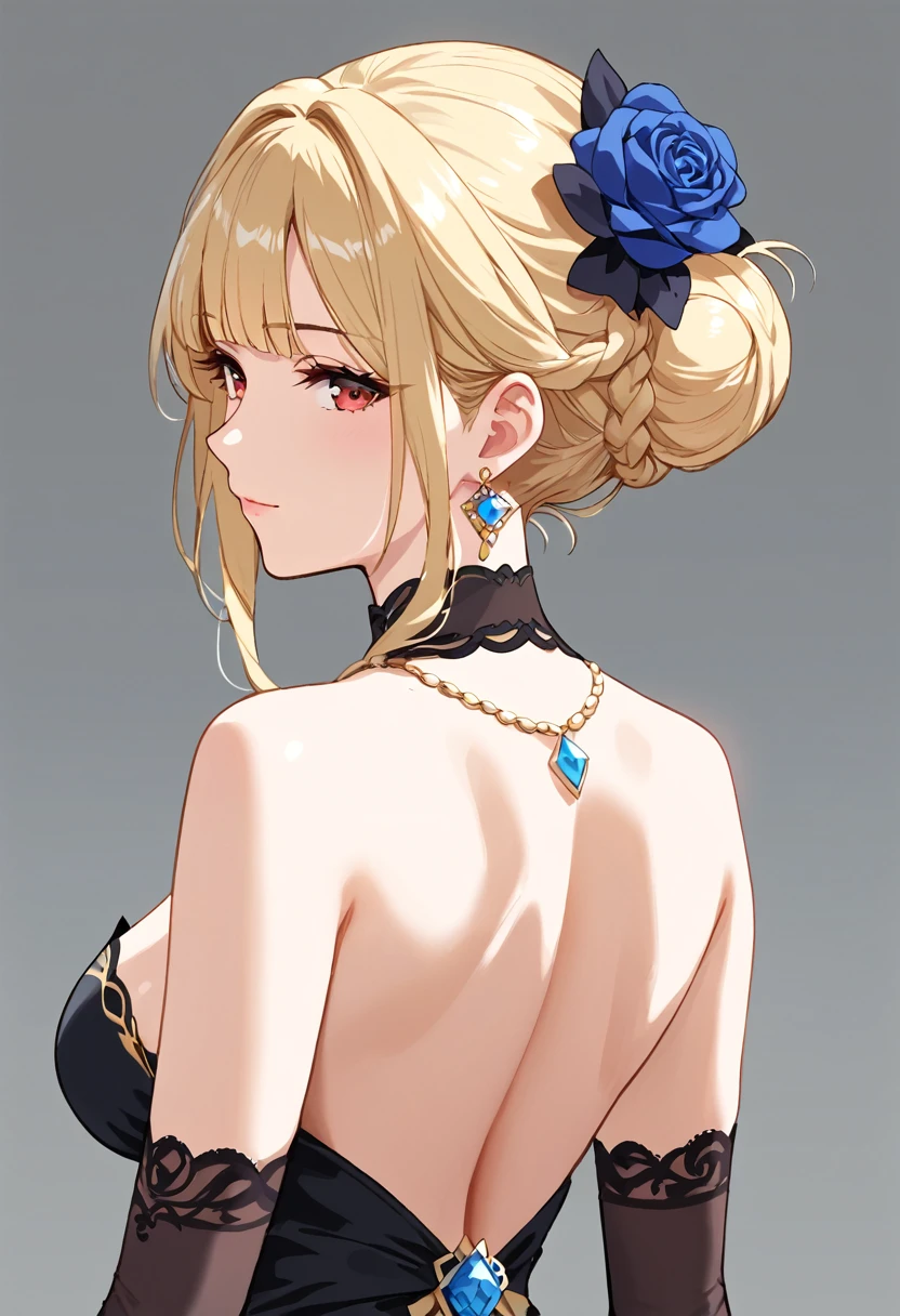 score_9, score_8_up, score_7_up, score_6_up, score_5_up, score_4_up, anime screencap, best quality, masterpiece, 1 female, mature female, perfect anatomy, dress, solo, blonde hair, red eyes, hair ornament, jewelry, earrings, black dress, hair flower, flower, looking back, looking at viewer, breasts, from behind, braid, blue flower, back, grey background, bare shoulders, simple background, sidelocks, detached sleeves, bow, gloves, medium breasts, elbow gloves, hair bun, backless outfit, black bow, necklace, backless dress, closed mouth, rose, single hair bun, shoulder blades, strapless dress, upper body, rating_explicit,