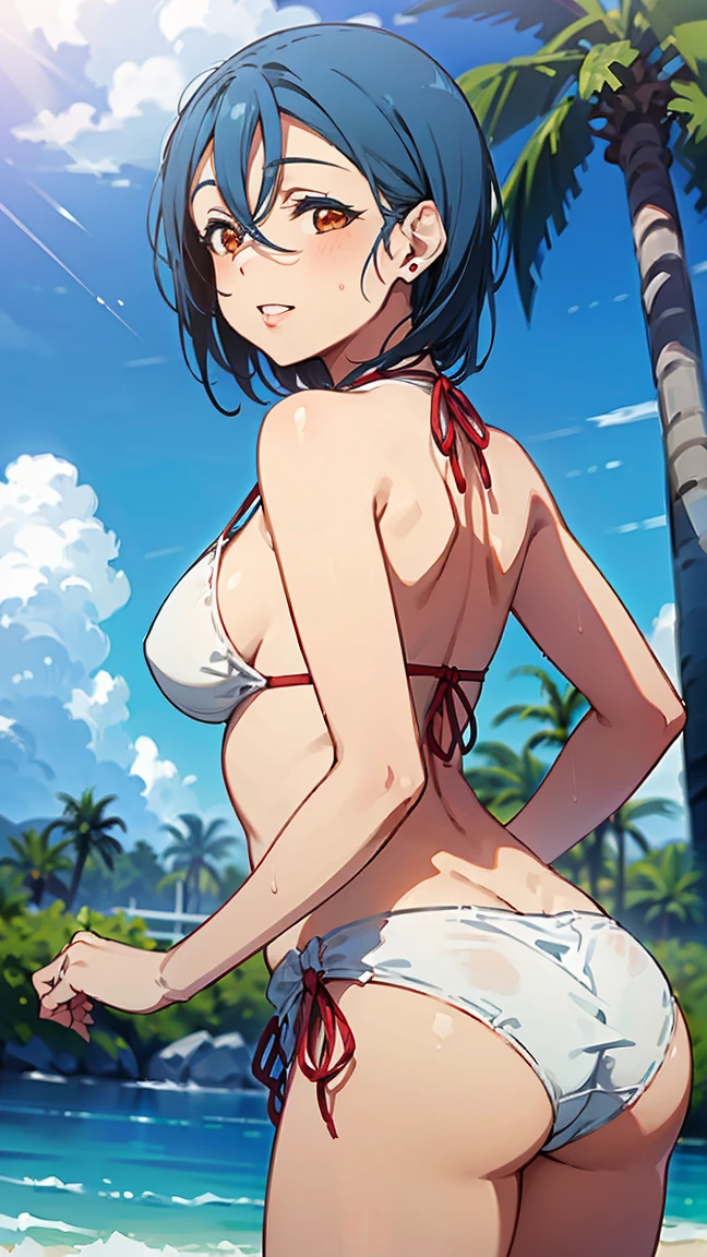 (squinting)),(((back view composition))),((focus on waist and lower body: 1.4))),((pure white bikini: 1.5)),(((medium bust: 1.3))),(wet),(smooth),water,sunlight,(wet: 1.2),(water splashes: 1.1)),(flowing hair: 1.2)),light particles,(shining sunlight: 1.2),(wet swimsuit),(strong sunlight: 1.1),(lens flare: 1.3),,high quality,(8K,Raw,best quality,realistic: 1.5)),ultra high quality,high resolution,best quality,perfect face,perfect limbs,perfect fingers,high resolution,(((tropical resort bikini background: 1.5))), (((hibiscus and palm trees growing in the background: 1.5))), (((sunny sky: 1.5))), (((happy: 1.5))), abandoned tropical resort background, alone girl, (beautiful anime face, cute face, detailed face), - (blue hair, bangs), ((slim figure 1.2)), (((medium chest 1.3))),-, adorable smile, miniature clothes, open lips, pink lipstick, resting, standing, turning around, back view, cowboy shot, miniature human hand, cartoon style, perfect anatomy, perfect proportions, evening, nice lighting, bright colors, clean lines, information, blurred, stunning facial expression, restless emotions, gorgeous, pretty, detailed beautiful face and eyes, (masterpiece) beautiful face, young handsome girl, realistic and perfect skin, bokeh, stunning facial expression, restless emotions, gorgeous, pretty, detailed beautiful face and eyes, (Audrey Hepburn), (), break, chest Fine and beautiful skin with cleavage, (cute type), (J-pop idol), (thighs, (depth of field), (depth of field), soft light, glittering lens gaze, (droopy eyes), straight teeth, shy smile, floating hair, a scene from Blake's movie, cinematic full color, 4K, 8K, 16K lace, raw photo, must-see movie, professional color grade, professional photographer, high school girl, , soft and clean focus, realistic lighting and shading, (very delicate and beautiful artistic), elegant eyes), (slender), (abdomen 0.95), (slim),