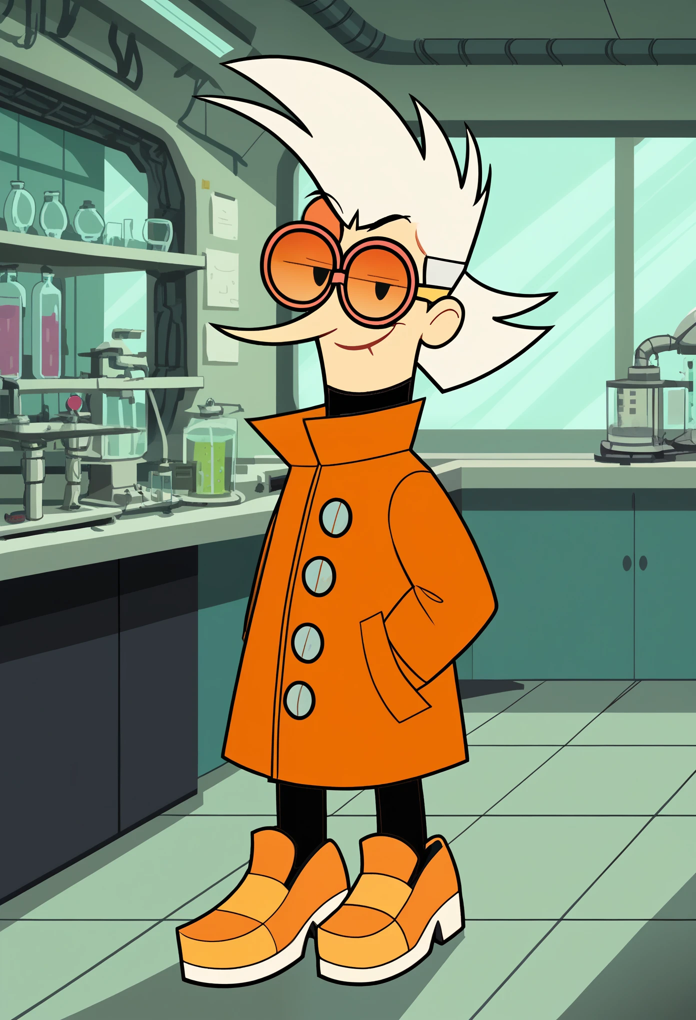 score_9, score_8, score_9, BREAK, solo, 1girl, nora, white hair, round sunglasses, orange jacket, indoors, laboratory, smirk, full body,