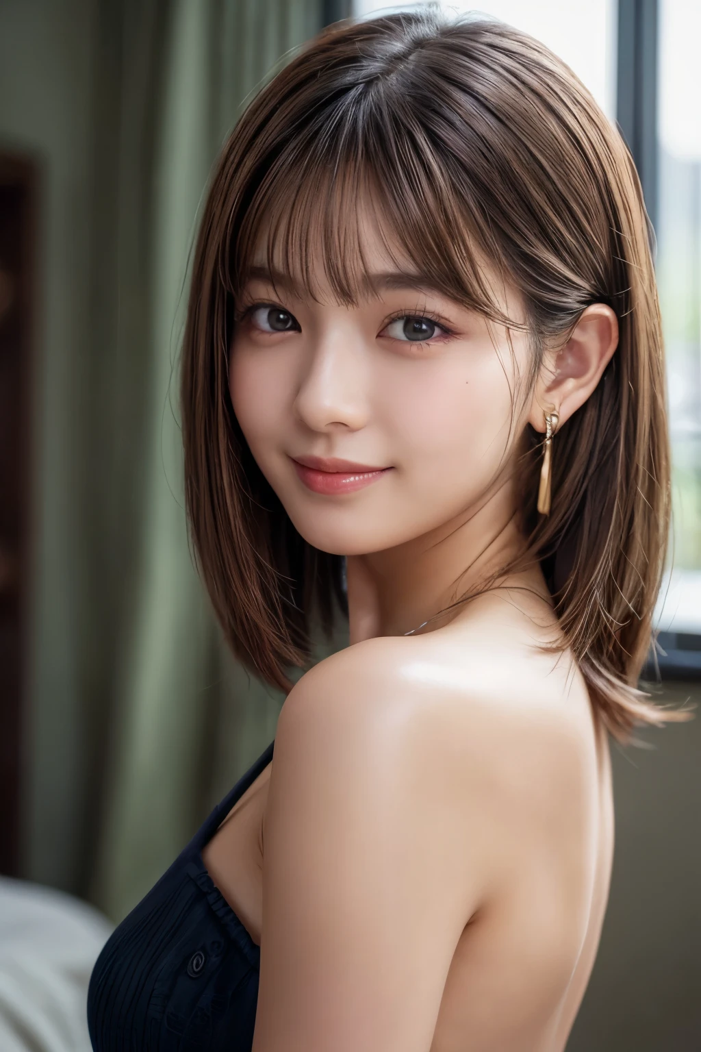 Upper Body、Beauty、Well-formed face、20-year-old、Uniform eyes、Small face、, light brown hair, hair over shoulder, parted bangs, straight hair, expressive hair, shiny hair, earrings, seductive smile, Upper body naked、Small Bust、, Surrealism, cinematic lighting, first-person view, pov, f/1.2, Nikon, UHD, textured skin, best quality, highres, 8k
