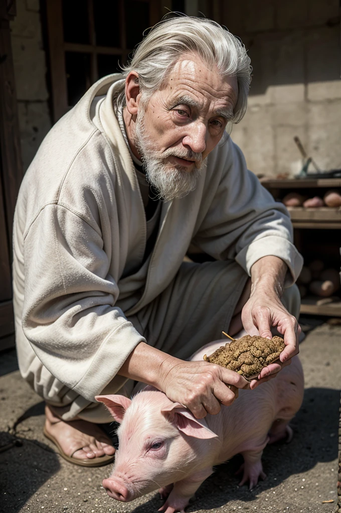 image of an elderly prophet watching a man feed pigs