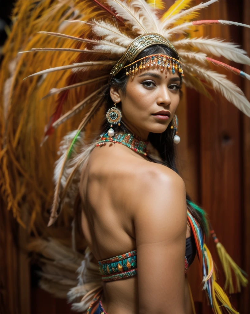 Beautiful Cherokee Indian woman with beautiful terracotta colored headdresses, blackw, doradas, cobre, Pearl, white and beige, feathers made of bright neon of various colors, flares on camera, bokeh, full moon night