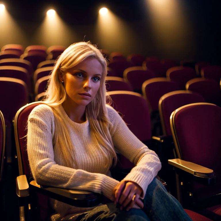 Photograph of a beautiful blonde woman sitting in a chair in a theater, powerful spotlight lighting focusing directly on the stage and the woman, close-up of the woman using the Canon 5D camera, Canon 50mm 1.4 lens, photography style by Steve Mccurry