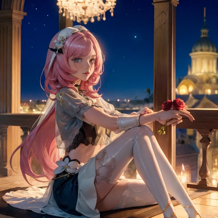 1 girl, ornament hair, perfectly body, perfectly hands, wave hair, pink hair, long hair, on garden, shrine scenery, red roses on focus, white lantern, white maid dress, more details on her clothes, white dress with transparency, night, smiling, cape,ornament hair, long hair, 1 girl, Looking at the viewer, flowing hair, Beautiful Eyes, Plump and glossy lips, maid, maid dress with too many frills, white dress, petals in the air, flowers, red roses, white laces, white Short skirt, Drape clothes, pink gem, Lace trim, temple, chinese festival of lanterns, luxury details, gold jewelry, more details, best quality, Big sparkling eyes, blushing, Striped Lace Stockings, white Lolita skirt, sparkle, solo, centered girl, cowboy shot, perfectly body, perfectly hands, two arms, two legs, two hands, five fingers, perfect anatomy, glowing hair, 1girl,maid dress, solo, flowing hair, floating hair, ornament hair, perfectly body, perfectly hands, on the garden, fireworks, more details on her clothes, dress with transparency, golden details on her dress, night, holding a rose, ((4k, masterpiece, top-quality)),8k, best quality, high resolution, HD, (illustration:0.8), super cute girl, delicate and beautiful face, mature girl, super cute hairstyle, (beautiful detailed eyes:1.6), extremely detailed face, perfect lighting, extremely detailed CG, (perfect hands, perfect anatomy), Best quality, cleavage, small skirt, full Body, two arms, two legs, two hands, five fingers