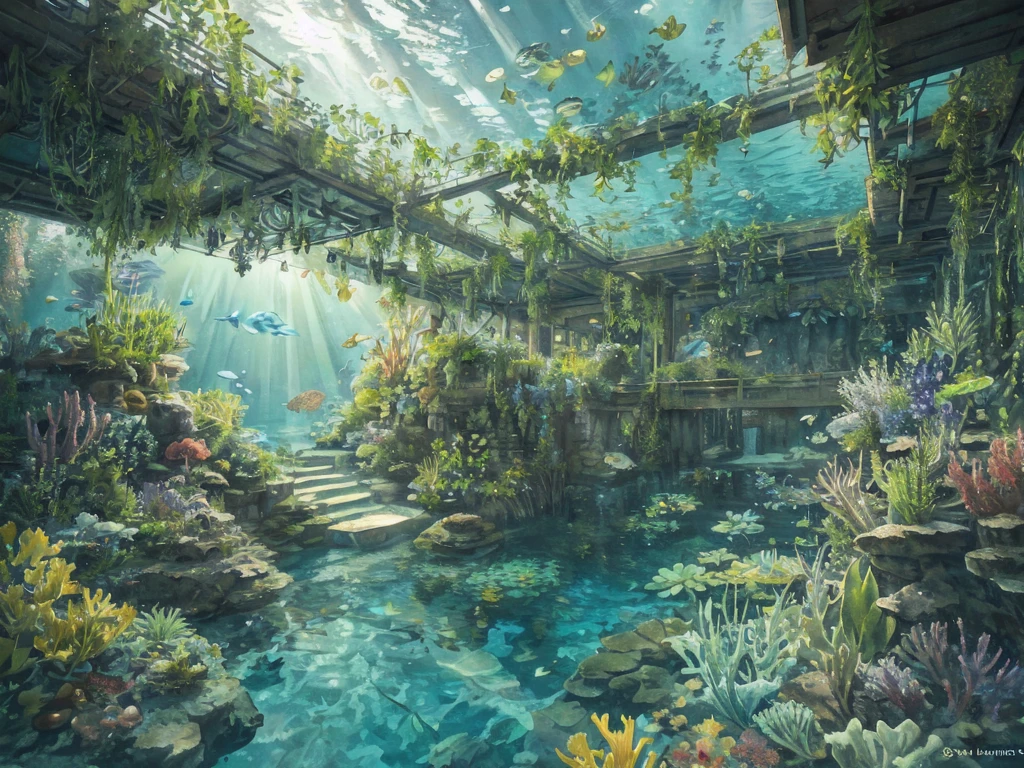 ((Underwater world, light coming through the water)), Green Theme, plants, lighting sun, flowers, work of art, best qualityer, air bubbles,Depth of field, ambient lighting, atmospheric, details Intricate, smooth light, art station