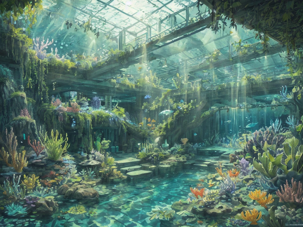 ((Underwater world, light coming through the water)), Green Theme, plants, lighting sun, flowers, work of art, best qualityer, air bubbles,Depth of field, ambient lighting, atmospheric, details Intricate, smooth light, art station