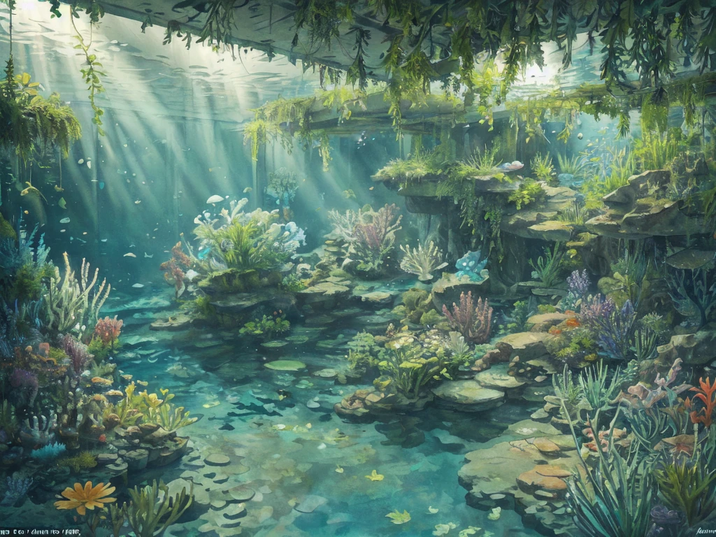 ((Underwater world, light coming through the water)), Green Theme, plants, lighting sun, flowers, work of art, best qualityer, air bubbles,Depth of field, ambient lighting, atmospheric, details Intricate, smooth light, art station