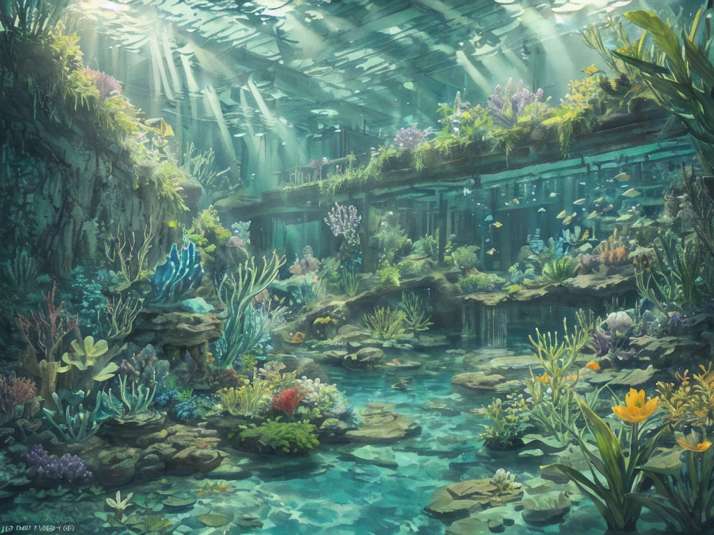 ((Underwater world, light coming through the water)), Green Theme, plants, lighting sun, flowers, work of art, best qualityer, air bubbles,Depth of field, ambient lighting, atmospheric, details Intricate, smooth light, art station