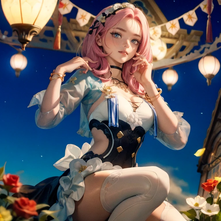 1 girl, ornament hair, perfectly body, perfectly hands, wave hair, pink hair, long hair, on garden, shrine scenery, red roses on focus, white lantern, white maid dress, more details on her clothes, white dress with transparency, night, smiling, cape,ornament hair, long hair, 1 girl, Looking at the viewer, flowing hair, Beautiful Eyes, Plump and glossy lips, maid, maid dress with too many frills, white dress, petals in the air, flowers, red roses, white laces, white Short skirt, Drape clothes, pink gem, Lace trim, temple, chinese festival of lanterns, luxury details, gold jewelry, more details, best quality, Big sparkling eyes, blushing, Striped Lace Stockings, white ta skirt, sparkle, solo, centered girl, cowboy shot, perfectly body, perfectly hands, two arms, two legs, two hands, five fingers, perfect anatomy, glowing hair, 1girl,maid dress, solo, flowing hair, floating hair, ornament hair, perfectly body, perfectly hands, on the garden, fireworks, more details on her clothes, dress with transparency, golden details on her dress, night, holding a rose, ((4k, masterpiece, top-quality)),8k, best quality, high resolution, HD, (illustration:0.8), super cute girl, delicate and beautiful face, mature girl, super cute hairstyle, (beautiful detailed eyes:1.6), extremely detailed face, perfect lighting, extremely detailed CG, (perfect hands, perfect anatomy), Best quality, cleavage, small skirt, full Body, two arms, two legs, two hands, five fingers