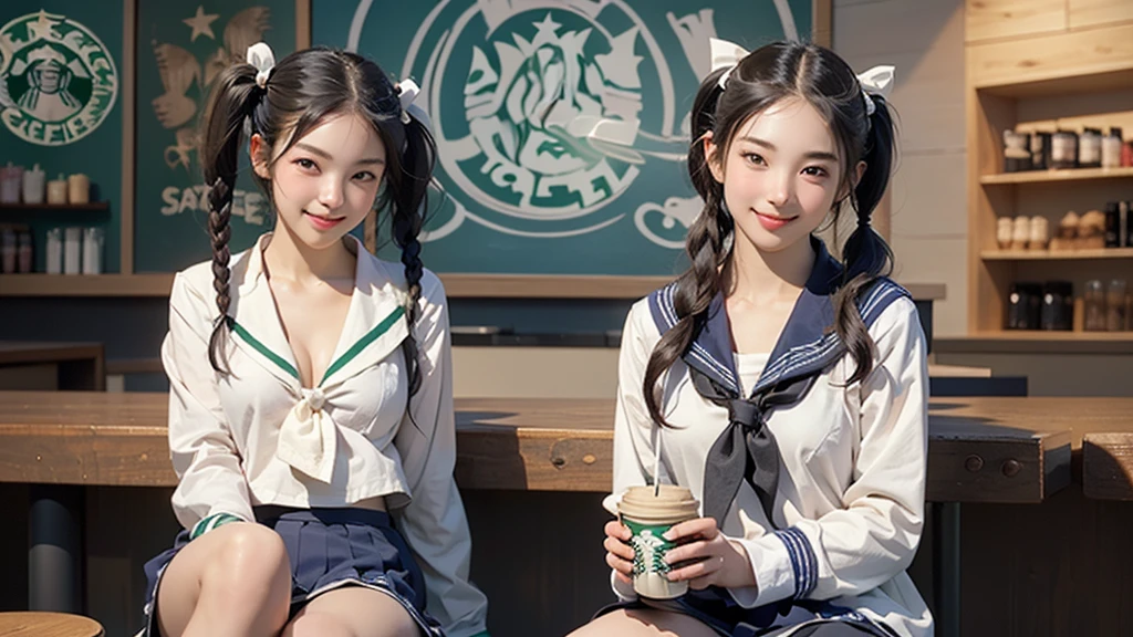 (masterpiece:1.2, Highest quality), (Realistic, photoRealistic:1.4), Beautiful illustrations,
View your viewers, avert your eyes, whole body,
1 Girl, Japanese, high school girl, (Long Hair:1.4), bLong Hair, (Twin tails:1.7), Large Breasts:0.8, White skin、Beautiful Hair, Beautiful Face, Beautiful attention to detail, Beautiful clavicle, Beautiful body, Beautiful breasts, Beautiful thighs, Beautiful feet,
(Beautiful views), , classroom, machine, Chair,
((cute , Long sleeve, Pleated skirt, Sailor collar, scarf)), White panties, shoes,
Sitting, Chairに座る,
(魅惑的なsmile, Embarrassing, Trembling),
(((((Inside the Starbucks store、16 year old girl in sailor suit)))))、((((Eat cake、Drink coffee、smile))))、Heart Necklace(((Emphasize cleavage)))
(whole body写真)