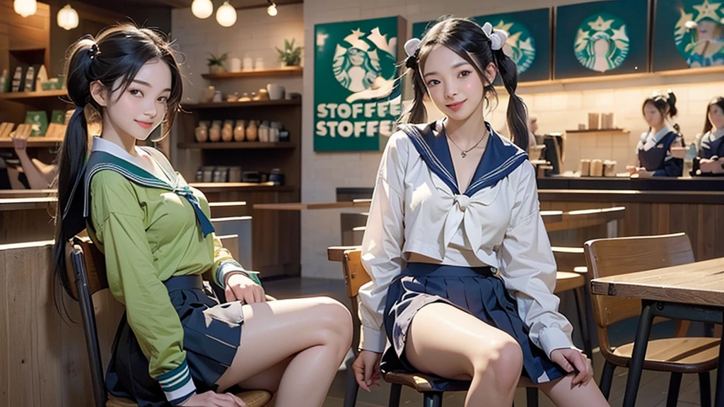 (masterpiece:1.2, Highest quality), (Realistic, photoRealistic:1.4), Beautiful illustrations,
View your viewers, avert your eyes, whole body,
1 Girl, Japanese, high school girl, (Long Hair:1.4), bLong Hair, (Twin tails:1.7), Large Breasts:0.8, White skin、Beautiful Hair, Beautiful Face, Beautiful attention to detail, Beautiful clavicle, Beautiful body, Beautiful breasts, Beautiful thighs, Beautiful feet,
(Beautiful views), , classroom, machine, Chair,
((cute , Long sleeve, Pleated skirt, Sailor collar, scarf)), White panties, shoes,
Sitting, Chairに座る,
(魅惑的なsmile, Embarrassing, Trembling),
(((((Inside the Starbucks store、16 year old girl in sailor suit)))))、((((Eat cake、Drink coffee、smile))))、Heart Necklace(((Emphasize cleavage)))
(whole body写真)