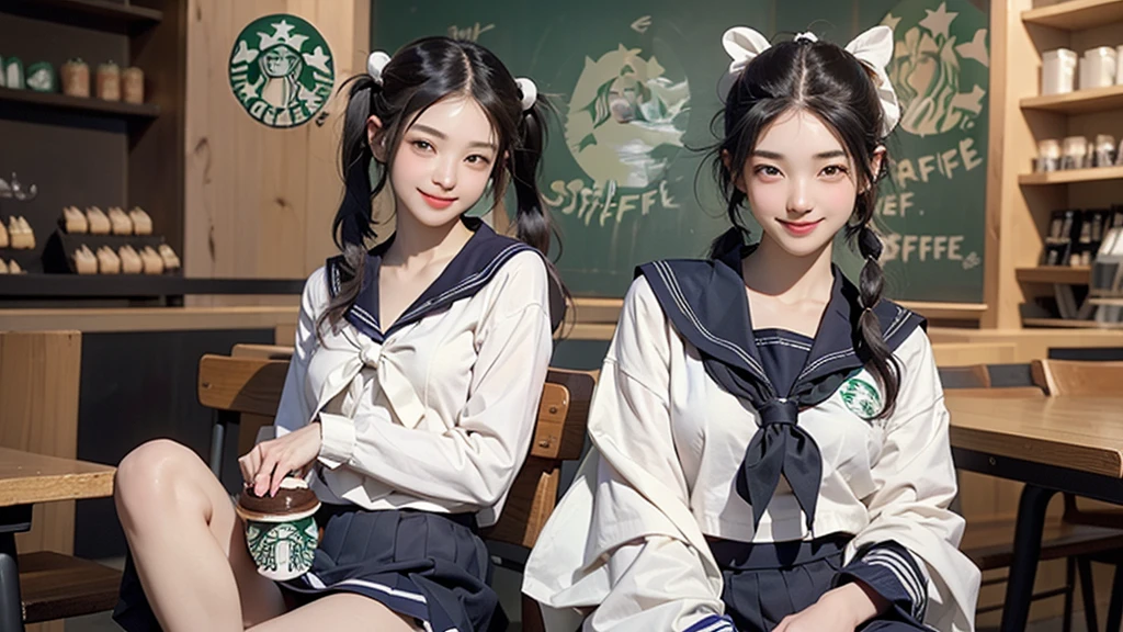 (masterpiece:1.2, Highest quality), (Realistic, photoRealistic:1.4), Beautiful illustrations,
View your viewers, avert your eyes, whole body,
1 Girl, Japanese, high school girl, (Long Hair:1.4), bLong Hair, (Twin tails:1.7), Large Breasts:0.8, White skin、Beautiful Hair, Beautiful Face, Beautiful attention to detail, Beautiful clavicle, Beautiful body, Beautiful breasts, Beautiful thighs, Beautiful feet,
(Beautiful views), , classroom, machine, Chair,
((cute , Long sleeve, Pleated skirt, Sailor collar, scarf)), White panties, shoes,
Sitting, Chairに座る,
(魅惑的なsmile, Embarrassing, Trembling),
(((((Inside the Starbucks store、16 year old girl in sailor suit)))))、((((Eat cake、Drink coffee、smile))))、Heart Necklace(((Emphasize cleavage)))
(whole body写真)