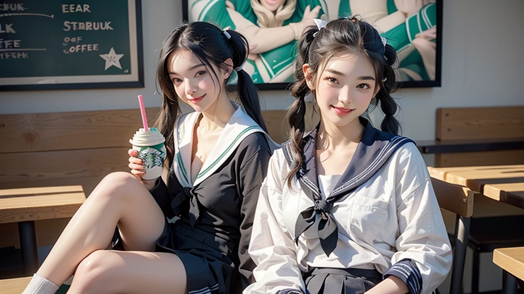 (masterpiece:1.2, Highest quality), (Realistic, photoRealistic:1.4), Beautiful illustrations, 
View your viewers, avert your eyes, whole body,
1 Girl, Japanese, high school girl, (Long Hair:1.4), bLong Hair, (Twin tails:1.7), Large Breasts:0.8, White skin、Beautiful Hair, Beautiful Face, Beautiful attention to detail, Beautiful clavicle, Beautiful body, Beautiful breasts, Beautiful thighs, Beautiful feet, 
(Beautiful views), , classroom, machine, Chair, 
((cute , Long sleeve, Pleated skirt, Sailor collar, scarf)), White panties, shoes, 
Sitting, Chairに座る, 
(魅惑的なsmile, Embarrassing, Trembling),

(((((Inside the Starbucks store、16 year old girl in sailor suit)))))、((((Eat cake、Drink coffee、smile))))、Heart Necklace(((Emphasize cleavage)))
(whole body写真)
