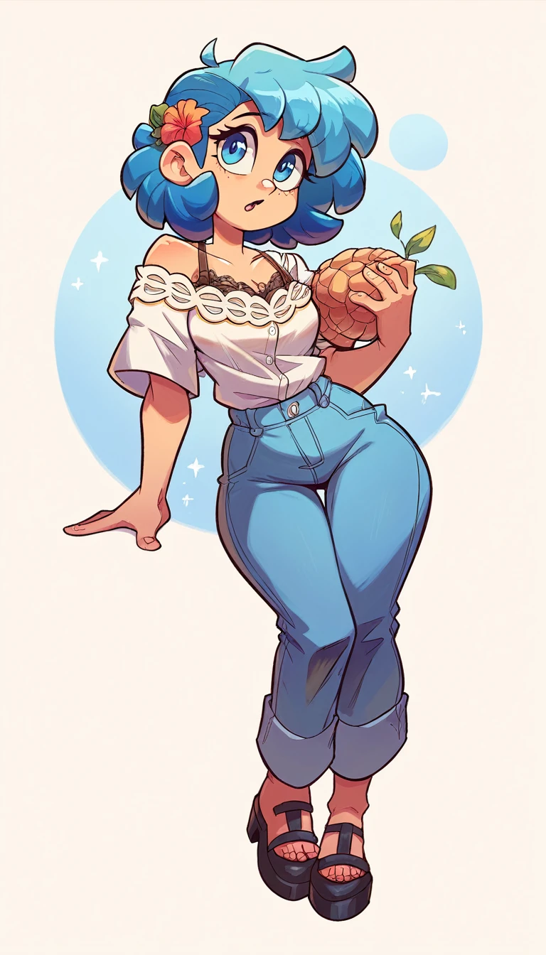a cute hawaiian girl beautiful beautiful attraction big chest light blue hair short round wearing shell hair her bright blue eye she wears a white shirt yellow lace thread and her skirt blue pants long black heel