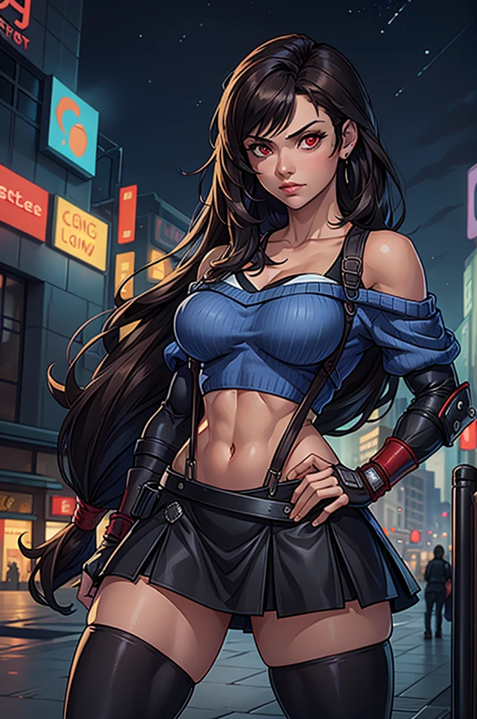 perfect eyes:1.2, detailed eyes:1.4, serious, hand on hip, night, city, metTifa, red eyes, navel, low-tied long hair, earrings, cropped sweater, blue sweater, off-shoulder, short sleeves, suspender skirt, elbow gloves, armored legwear, medium full shot, thigh-level shot, 1girl,(masterpiece:1.6, best quality),
