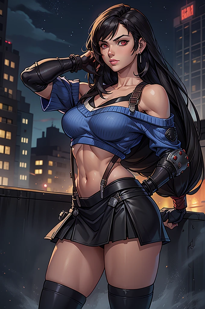 perfect eyes:1.2, detailed eyes:1.4, serious, hand on hip, night, city, metTifa, red eyes, navel, low-tied long hair, earrings, cropped sweater, blue sweater, off-shoulder, short sleeves, suspender skirt, elbow gloves, armored legwear, medium full shot, thigh-level shot, 1girl,(masterpiece:1.6, best quality),