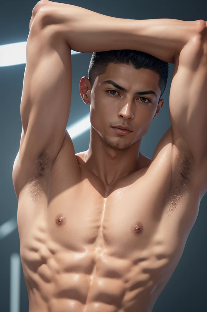 Create an image of cr7 showing his armpit while someone is showing his armpits